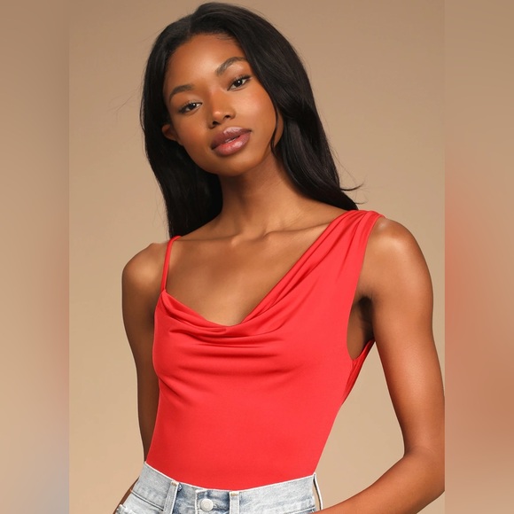 LULU’S MODERN BEAUTY RED ASYMMETRICAL COWL NECK BODYSUIT - Picture 2 of 7